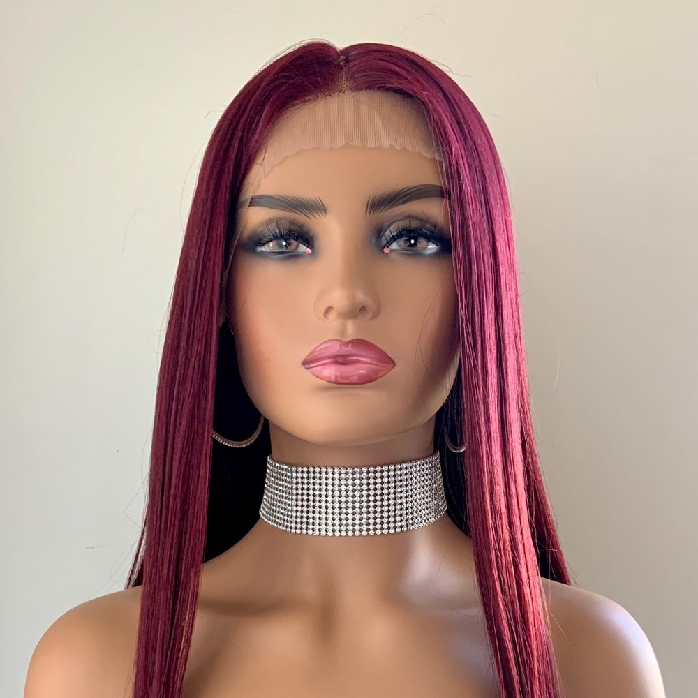 Long Straight 24” Deep Burgundy Lace Front Synthetic Wig